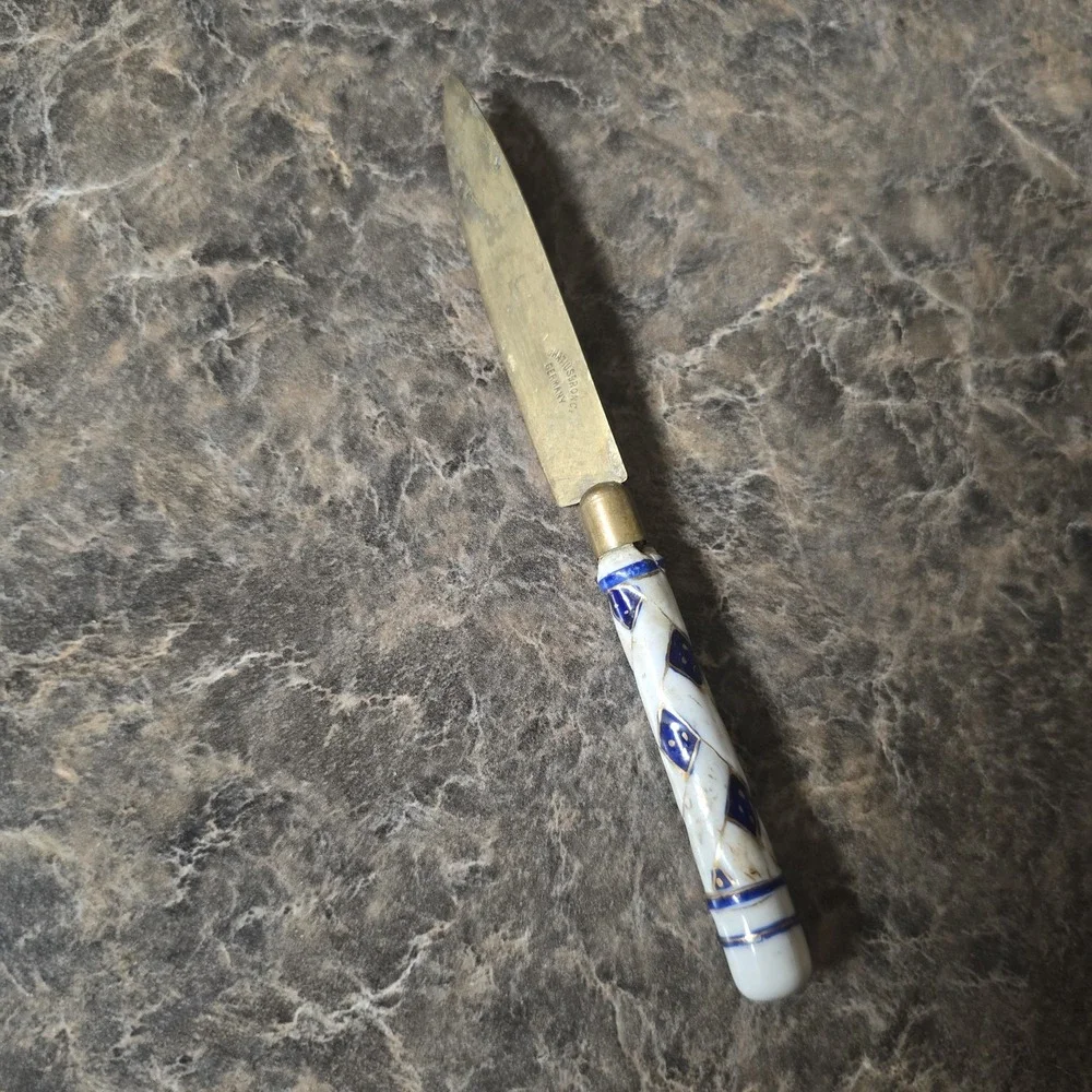 Antique Uchatius Bronce Germany Fruit Knife Blue White Porcelain Handle 6.5